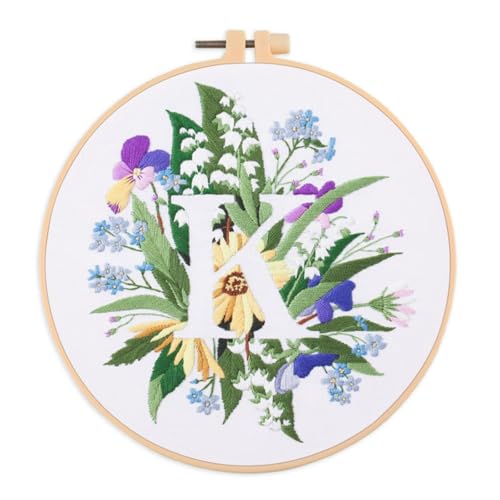 IUHUI Embroidery Kit for Beginners Adults - 26 Floral Letters Easy Patterns, DIY Hand Stitching Embroidery Set with Hoop (Flower and Grass Letter K) - color: Flower and Grass Letter K