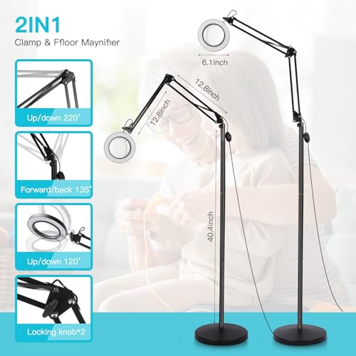 ZABOUL 10X Magnifying Floor Lamp, 3-in-1 Hands Free Magnifying Glass with Light and Stand, 2 Color Modes with Clamp for Esthetician Facials Close Work Reading