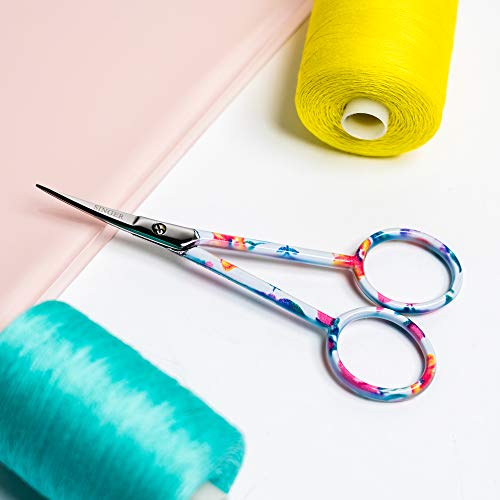 SINGER 4 Inch Forged Embroidery Scissors with Curved Tip for Sewing, Cross-Stiching, Crafts, & More (White Floral Printed, 1-Pack)
