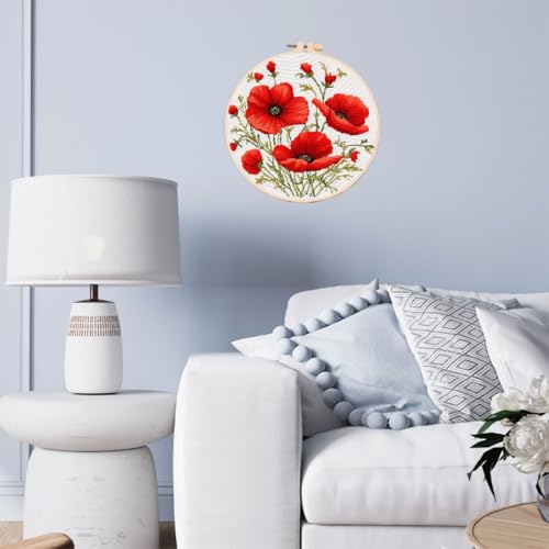 DIY Cross Stitch Kits Red Poppy Flower with Hoop 20x20cm-3