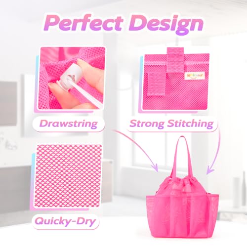 famichan Mesh Portable Shower Caddy with Drawstring, Girls Dorm Room Essentials - color: Rose Red