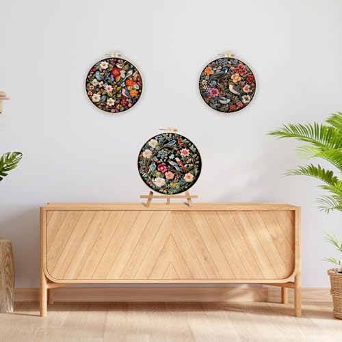 LB Red Floral Embroidery Kit for Beginners Adults, 3 Sets Hand Embroidery Starter Kit with Cute Bird Pattern and Instructions Stamped Cross Stitch Kits Include Embroidery Hoop Needles Threads Scissors - color: Red Blue