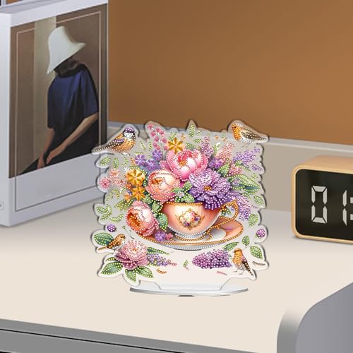 POETRYDRAW Diamond Art Ornament Desktop Kit Cup Flower, Stand Up Diamonds Painting Ornament for Adults, 5D DIY Special Diamond Gem Craft Tabletop Placement Board Kit - color: Cup Flower