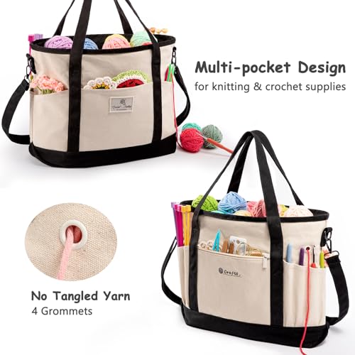 MYBAGZING Canvas Yarn Storage Organizer Bag Washable Crochet Bag with Pockets for Yarn, Hooks, Needles – Travel Knitting Tote for Crafters – Gift for Crocheters & Knitters (Medium/Large) - color: Nature-Black, size: Large-15”