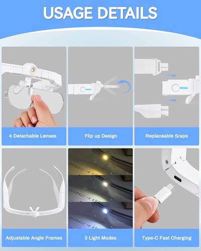 Head Magnifying Glass with Light, Headband Magnifier for Close Work - color: White