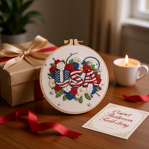 Embroidery Kit for Beginners & Adults Starter Kit, Cross Stitch Kits,DIY Hand Embroidery Needlepoint Set with Hoop, Pre-Printed Fabric, Threads and Instructions (USA) - color: USA