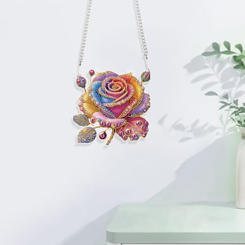 JISHSHAY Diamond Painting Pendant Flower Diamond Art Hanging Ornament Rose Gem Art Window Hanging Gem Painting Wind Chimes Mosaic Kits for Adults Windchimes Embroidery Suncatchers Sun Catchers - color: Flower 2