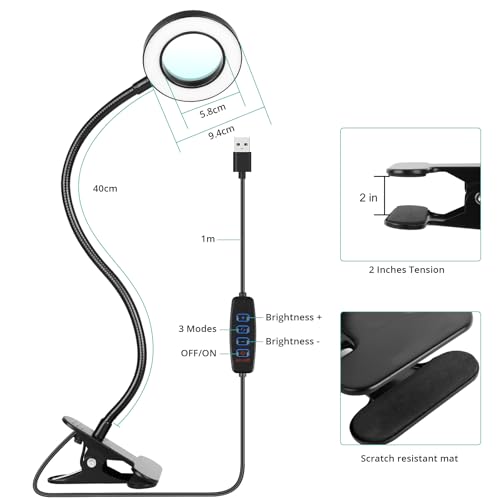Woputne Desk Lamp 5X Magnifying Glass with Light Clamp Light for Reading - size: Black-1 Piece-5X Magnifier-With Adapter