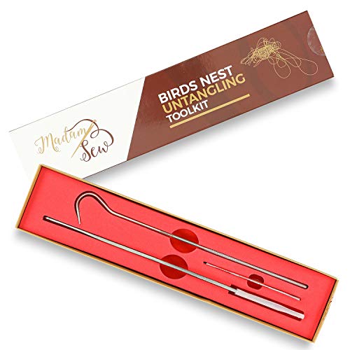 Madam Sew Birds Nest Untangling Tool Kit – Thread Hook and Stitch Releaser Set with Spare Blade Resolves Thread Bunching Under Fabric and Embroidery Hoops – Long Steel Quilting and Sewing Tools