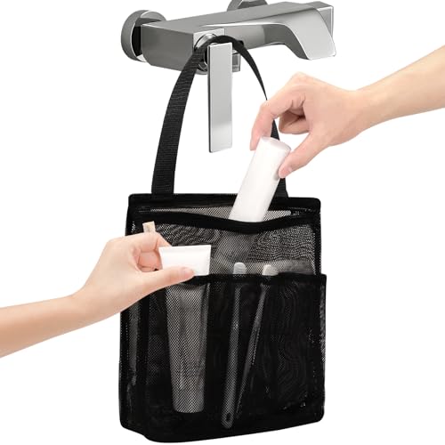 famichan Portable Mesh Shower Caddy, Gym Travel Camp Dorm Room Essentials for College Student Boy Girl, Bathroom Shower Bag - Black - color: Black