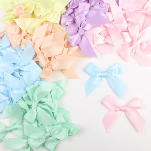 Pre-Tied Pastel Rainbow Satin Ribbon Bows for Crafts 3", 6 Colors - color: Pastel