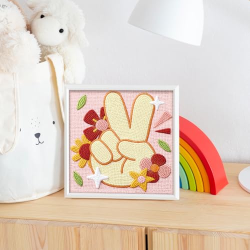 DOODLREAM Victory Gesture Needle Kit for Beginner, 9.4"x 9.4" Peace Hand Gesture Punch Stitching Craft Set, DIY Embroidery Starter with Printed Frame, Instruction, Threader, Yarn, Pinch Needle - color: Victory Gesture
