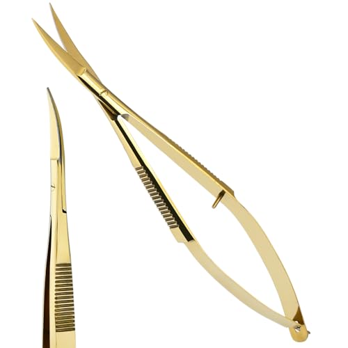 Cross Edge Curved Spring Scissors 5 Inch Stainless Steel Precision Eyebrow & Eyelash Shaping & Trimming Scissor, Snips Squeeze, Embroidery, Knitting Micro Tip Craft Scissors (Gold) - color: Cec-ss-26