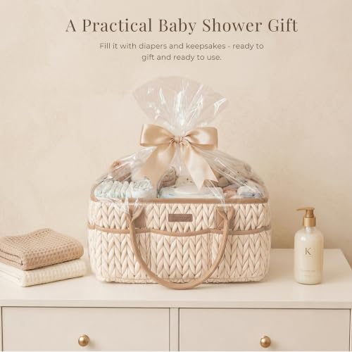 Konssy Baby Diaper Caddy Organizer, Braided Quilted Design with PU Handles - color: Toffee Brown