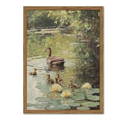 Framed Vintage Duck Canvas Wall Art, Rustic Farmhouse Animal Family Pictures Wall Decor, Country Nature Pond Paintings Prints Cottagecore Home Decor for Living Room Bedroom Bathroom 12x16 inch - color: Duck, size: 16"L x 12"W