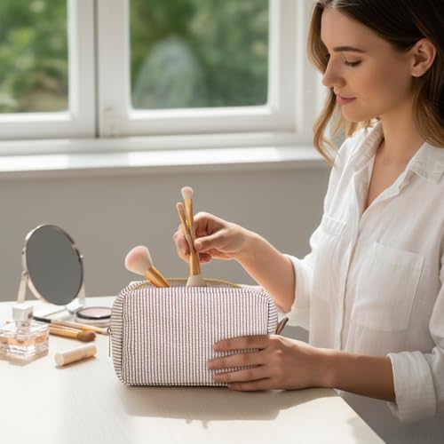 Sanwuta 10 Pcs Seersucker Cosmetic Bag Seersucker Makeup Bag Women Stripe Large Travel Toiletry Organizer Preppy Storage Pouch for Embroidery Wedding Bridesmaid Bride Mom (Khaki) - color: Khaki