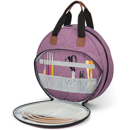 Hnvdkln Embroidery Project Bag, Oxford Cloth Cross Stitch Bag with Multiple Pockets and Handle Double, Layer Round Embroidery Storage Bag for Embroiderys Kits and Cross Stitch Kits Tools (Purple) - color: purple