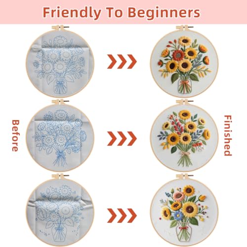 Herdiese Embroidery Kits for Beginners & Adults, 3 Sets Sunflower Patterns - color: Flower-D (3 Pack)
