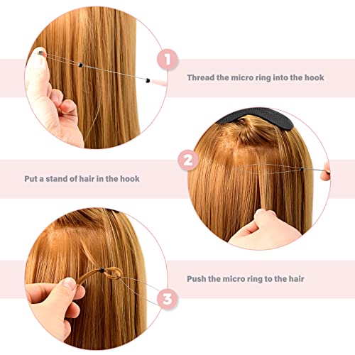 Gomake Hair Extensions Closed and Remover Pliers set, Micro Silicone Rings Beads Hair Extensions Loop Needle Threader Pulling Hook Tool and Bead Device Tool for Hair or Feather Extensions (Pink) - color: Pink