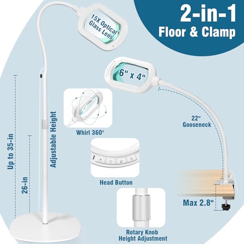 Large Magnifying Glass with Light and Stand, 15X Rectangle Optical Real Glass Lens, Height Adjustable Gooseneck Magnifier Floor Lamp, 5 Color Modes LED Dimmable Lighted Hands Free for Crafts - White - color: White