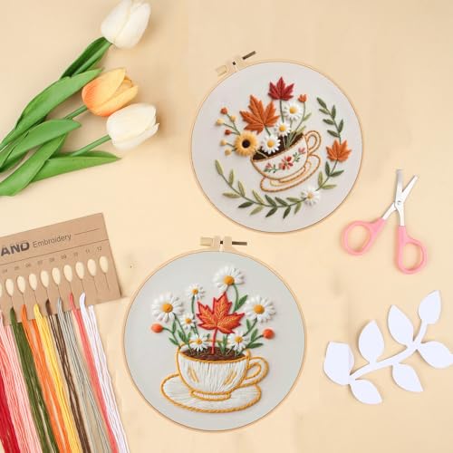 Konrisa Flower Cup Embroidery Kits for Adults,Creative Floral Embroidery Starter Kit DIY Sewing Practice with Hoop,Needlepoint Cross Stitch Kit, Set of 2 - color: flower cup