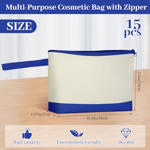 Silkfly 15 Pcs Cotton Canvas Makeup Bags Cosmetic Zipper Bags 10.2 x 5.5 x 2'' Blank DIY Pouch Bulk Pencil Case with Bottom Travel Toiletry Pouch for Women Craft Decor Gift (Beige and Blue) - color: Beige and Blue