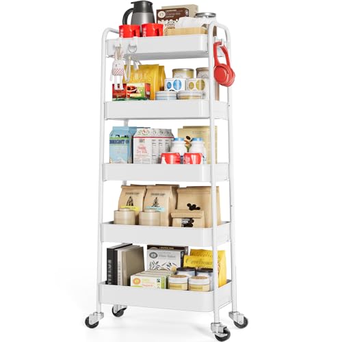 TOOLF 5-Tier Metal Rolling Cart with Wheels, Storage Utility Cart White - color: White, size: 5-Tier