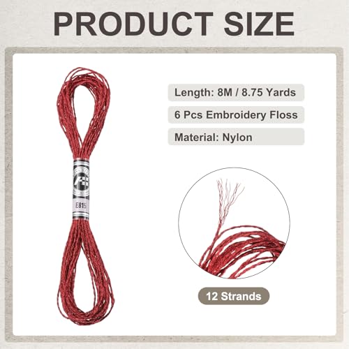 PATIKIL 6 Skeins Embroidery Floss, Metallic Embroidery Thread Nylon Threads Bracelets String for Cross-Stitch Hand Embroidery, Red - color: Red