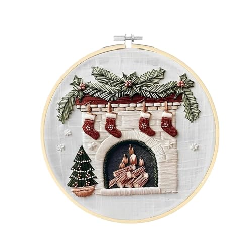 Christmas Embroidery Kit DIY Hand Embroidery Starter Cross Stitch Kits, Christmas Ornaments Embroidery with Stamped Pattern,Cotton,Threads,Needles,Instructions for Adults Beginners (Fireplace 2) - color: Fireplace 2