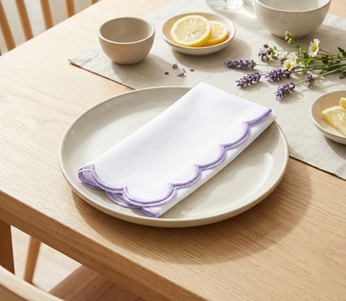 PurpleEssences Scalloped Cloth Napkins 18x18 in - White Edges Lavender - color: White(edges- Lavender)