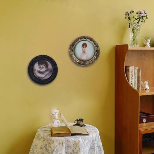 Vintage Small Picture Frame 4x4,Antique Ornate Round Photo Frame with Glass Front,Retro Home Decor Art Gallery (Black) - color: Black