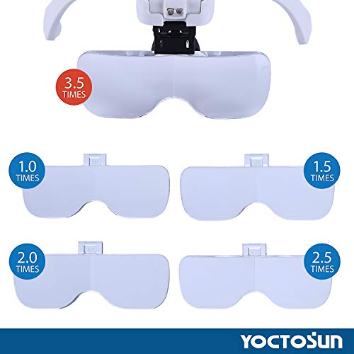 YOCTOSUN Head Mount Magnifier with 2 Led Professional Jeweler's Loupe Light Bracket and Headband are Interchangeable - style: Head Magnifier with 2 LED Lights