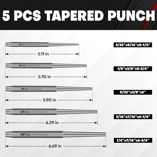 C&T 16-Piece Punch and Chisel Set with Storage Pouch, Including Taper Punch, Cold Chisels, Pin, Center Punch, Chrome Vanadium Steel - size: 16-Piece