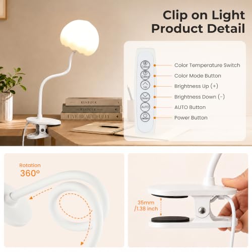 ShineTech Clip-On Reading Light for Bed, 10 RGB Colors Book Light for Dorm
