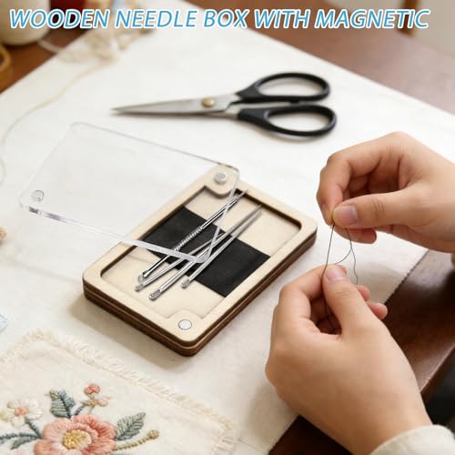 HINGTAI Wooden Magnetic Needle Holder Case with Clear Lid, Sewing Needle Organizer Box with Snap Closure, Strong Built-in Magnet Secures Pins Under 6.5cm, Craft Supplies Storage Gift for Sewers - color: 1Pcs-wooden
