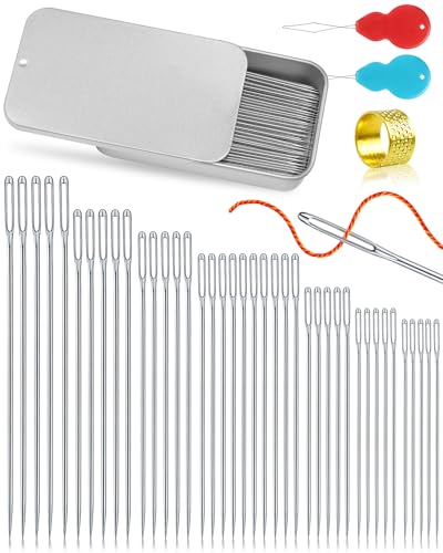 FIVEIZERO 80/40 PCS Premium Stainless Steel Sewing Needles, 7 Sizes Large Eye Sewing Sharp Needles, Leather Needle Embroidery Thread Needle with Threaders for Handsewing Art Crafts - color: Silver 40PCS