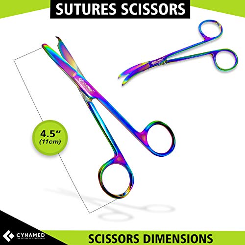 Cynamed Suture Stitch Scissors with Multicolor/Rainbow Titanium Coating - Premium Quality Instrument- Delicate Hook - Perfect for Suture Removal, First Aid, EMS Training and More (4.5 in. - Curved) - style: Curved Hook