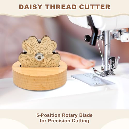 Floral Thread Cutter with Solid Wood Base & 5-Position Blade Saver - Anti-Slip Rotary Tool for Sewing, Quilting, Chain Piecing and Yarn Crafts