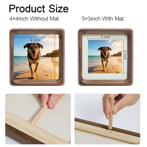 Square 4x4 Picture Frame, Natural Walnut Wood Photo Frames Matted to 3×3 - size: 4×4