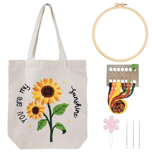 Louise Maelys Embroidery Kit Canvas Tote Bag with Sunflower Pattern - color: sunflower