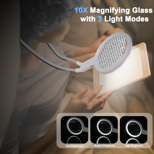 Neck Magnifier Hands Free with Light, 10X 5.2 Large Magnifying Glass - color: White