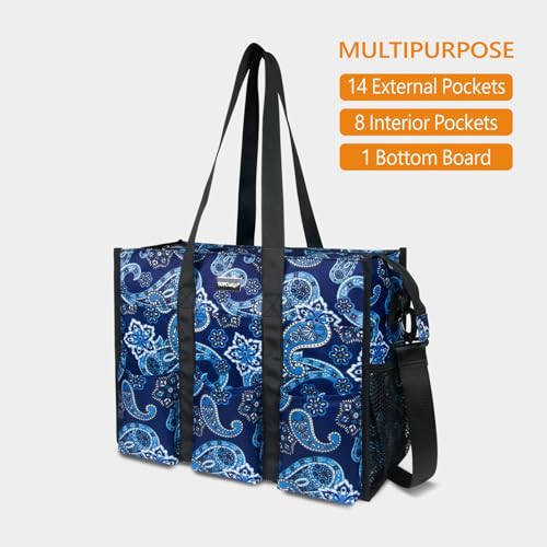 TOPDesign Utility Water Resistant Tote Bag with 22 Pockets, Zipper Closure - color: Blue Bandanna, size: Large