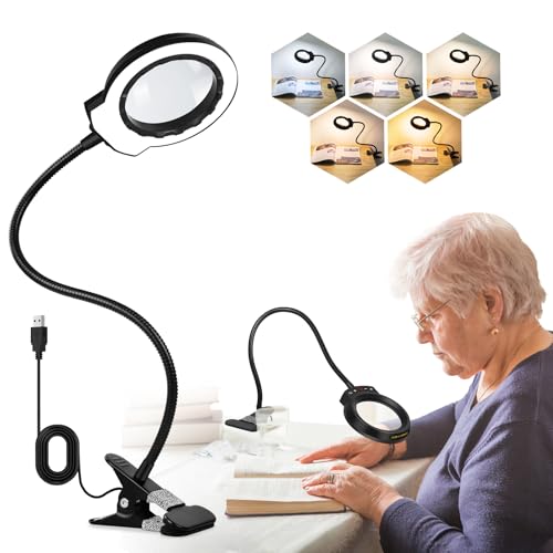 Magnifying Glass with Light and Clamp Desktop Bigger 10X Magnifier Desk Clip on Lamp for Close Work, Bed Book Reading,Crafting,Sewing, Soldering, USB (Black, 18.6 inch)