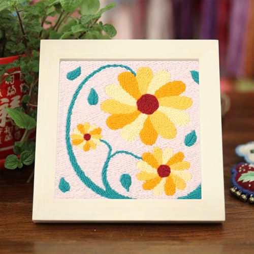 Allazone Punch Needle Embroidery Kit - Square Frame with Flower Pattern, Hoop, Yarns, Beige and Yellow - color: Beige and Yellow