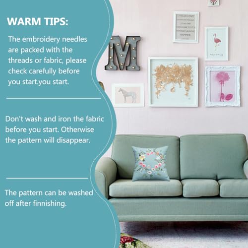 WEBEEDY DIY Embroidery Pillowcase Kit for Beginners,DIY Cushion Cover Cross Stitch Kit with Floral Pattern for Adults,Flower Decorative Pillow Cover Sewing Supplies for Home Decor,17x17/44x44cm(Blue)