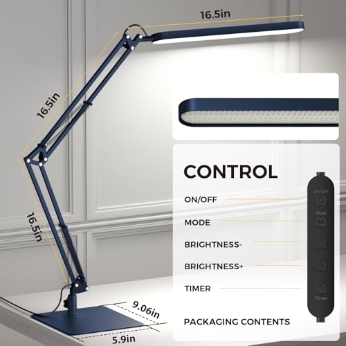 SKYLEO LED Desk Lamp with Slim Base - Adjustable Swing Arm Desk Light, Dimmable, Timer, Eye Protection, Memory Function, 1300LM, 12W, Blue - style: Blue swing arm with Base