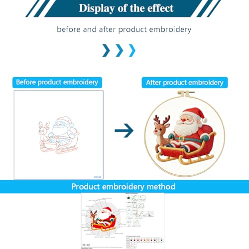 Zhenqing Santa Reindeer Embroidery Kit for Beginners, Christmas Sleigh Needlework Kit with Pre-Printed Fabric, Hoop, Threads & Tools (C0148) - color: Santa Claus and Reindeer