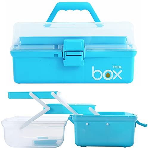 Kinsorcai 12'' Three-Layer Clear Art Box Organizer, Multipurpose Plastic Craft Box with Handle (Blue) - color: blue, size: 1PCS