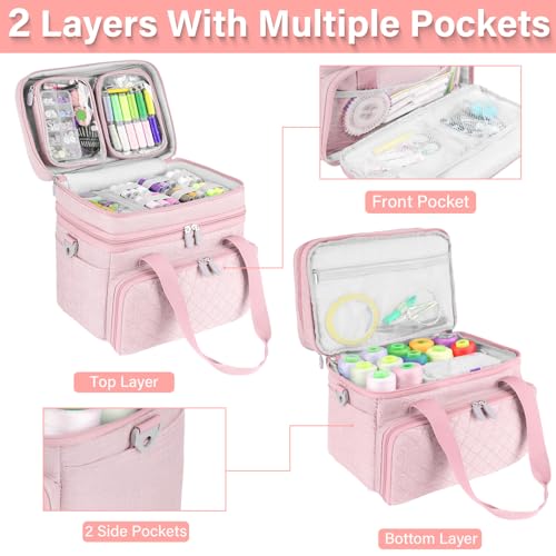 Double-Layer Sewing Organizer Bag with Detachable Pockets, Pink - color: Pink