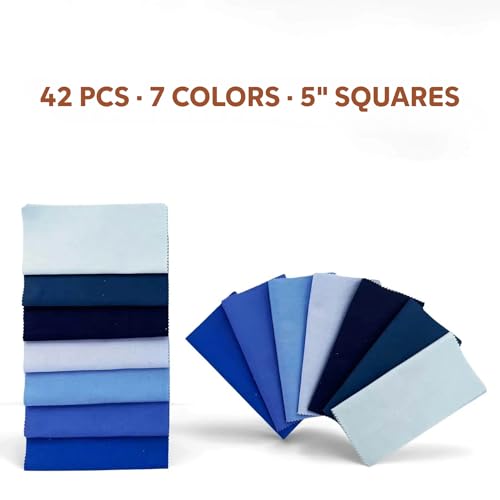 Blue Solid Cotton Quilting Fabric Charm Pack 5" Precut Quilt Squares, 42 PCS 7 Colors (6 Each), Medium Weight Fabric for Quilting Sewing Patchwork - color: Blue, size: 5 inch x 5 inch